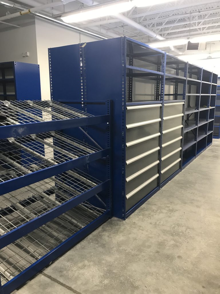 Borroughs Rivet Span shelving, edge shelving, Emich Volkswagen, Modular Drawers, Pflow, Rivet Span shelving, Span shelving, WSH, Shelving