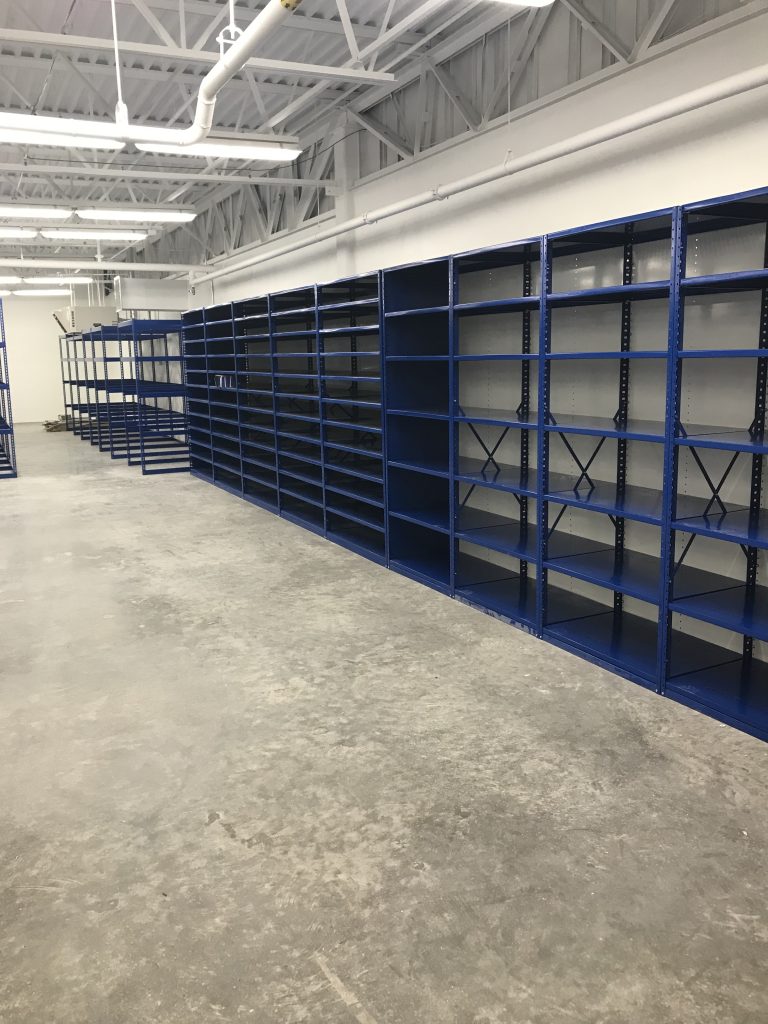 Borroughs Rivet Span shelving, edge shelving, Emich Volkswagen, Modular Drawers, Pflow, Rivet Span shelving, Span shelving, WSH, Shelving